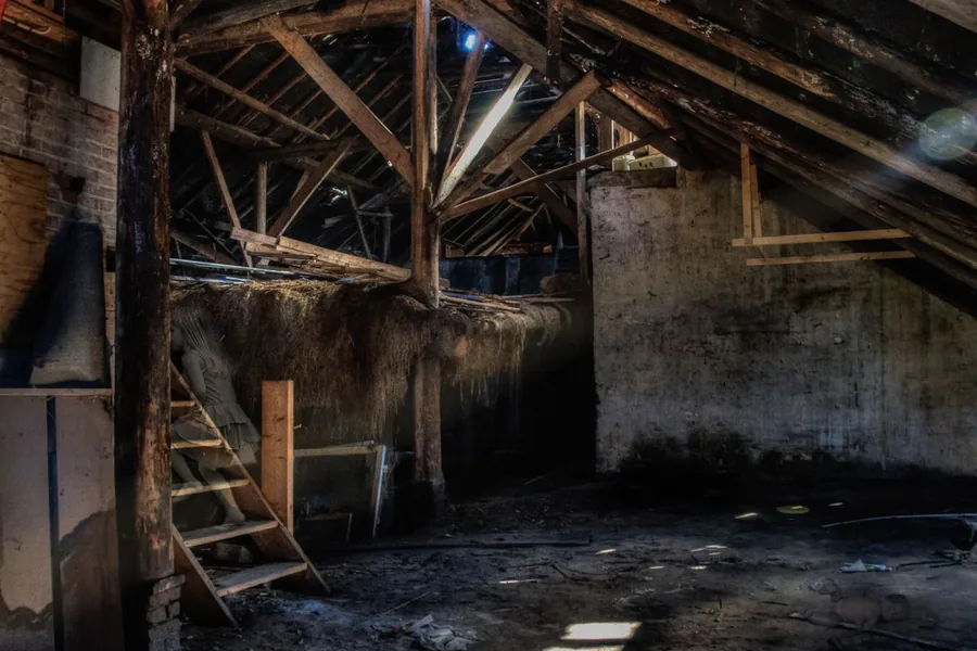 A dark, empty attic with exposed rafters, a wooden ladder and leftover boards