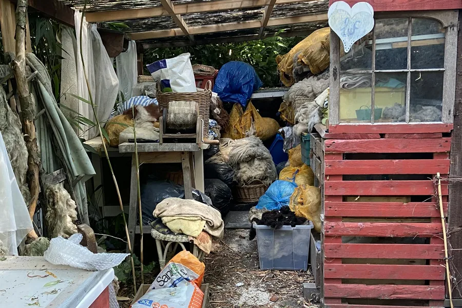 A backyard lean-to crowded with bagged rubbish, an old door and stored odds and ends